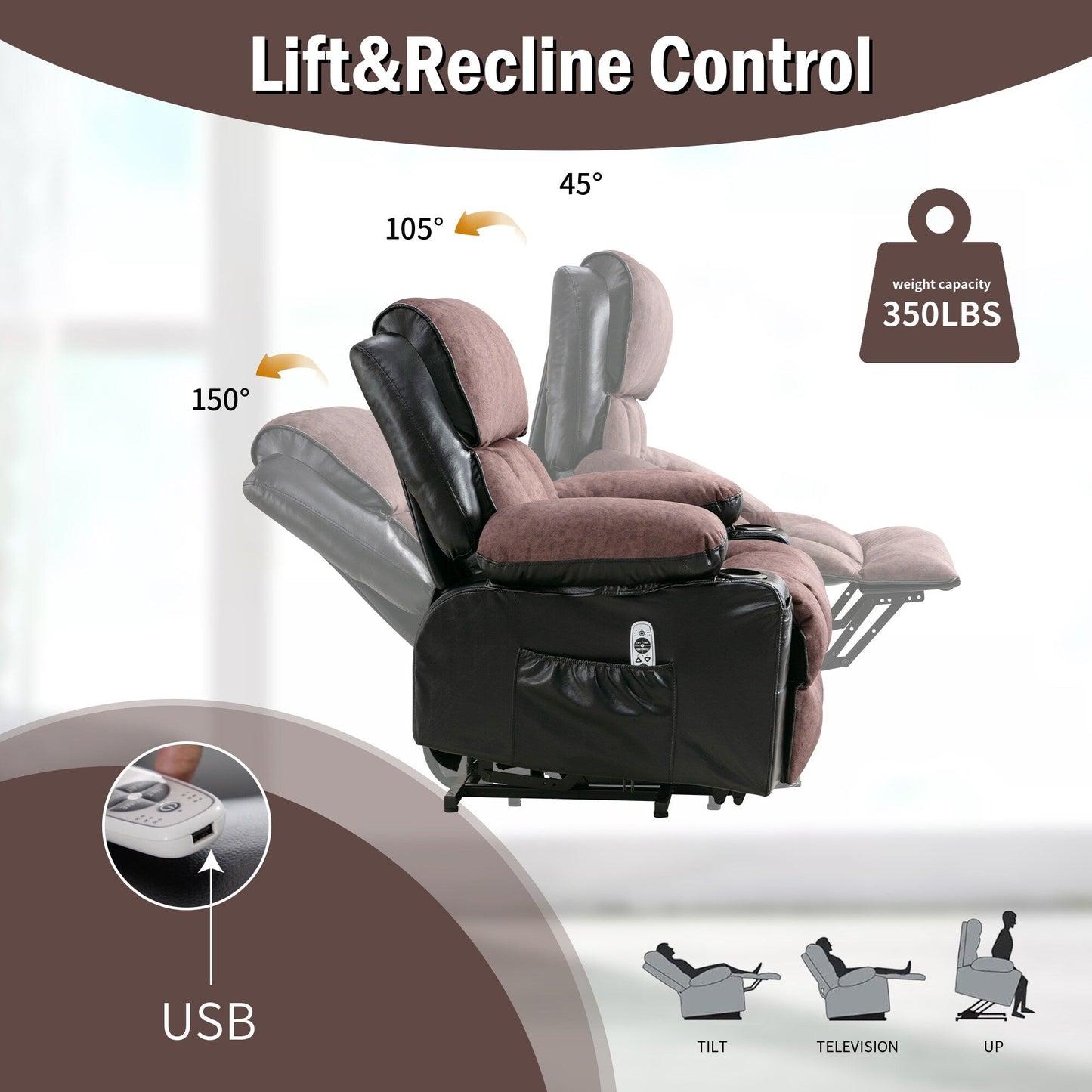Power Electric massage lift lounge chair, suitable for the elderly, with heating and vibration functions, PU leather with USB, c