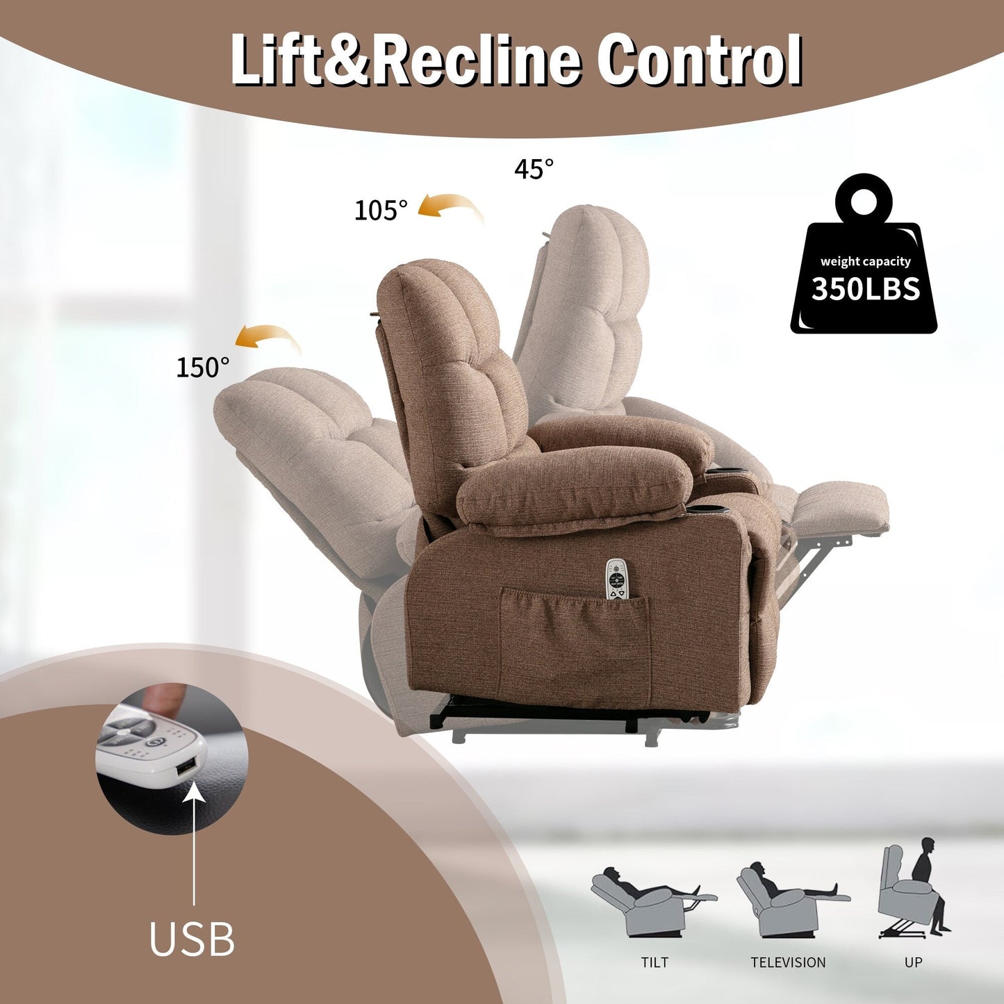 Power Electric massage lift lounge chair, suitable for the elderly, with heating and vibration functions, PU leather with USB, c