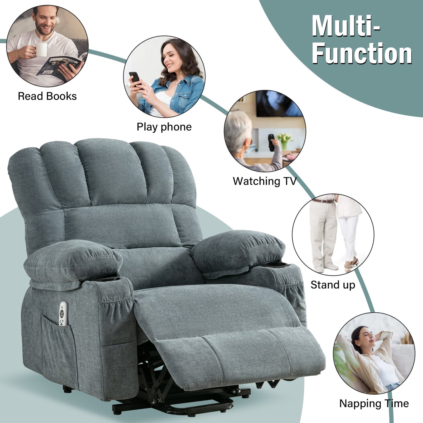 Power Electric massage lift lounge chair, suitable for the elderly, with heating and vibration functions, PU leather with USB, c