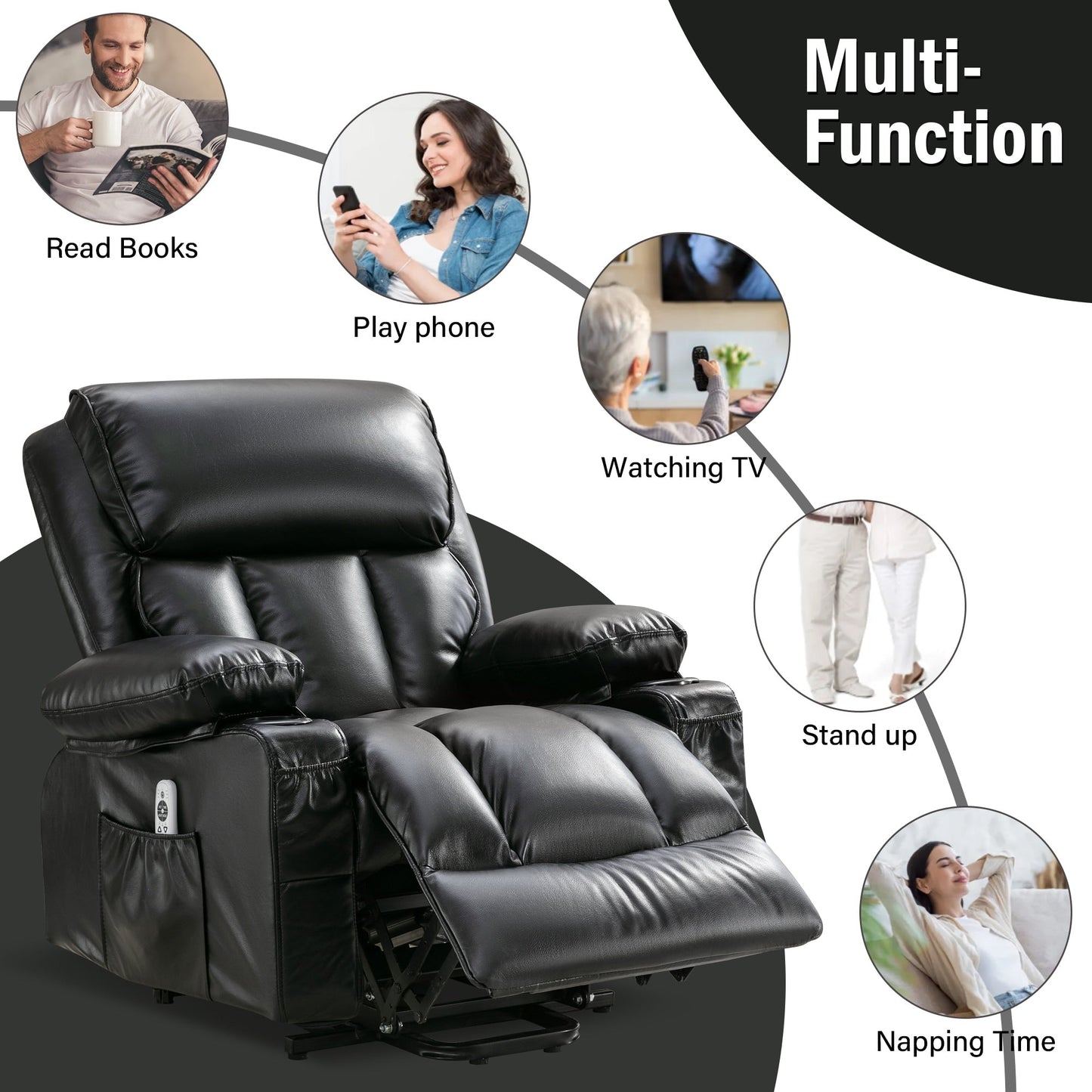 Power Electric massage lift lounge chair, suitable for the elderly, with heating and vibration functions, PU leather with USB, c
