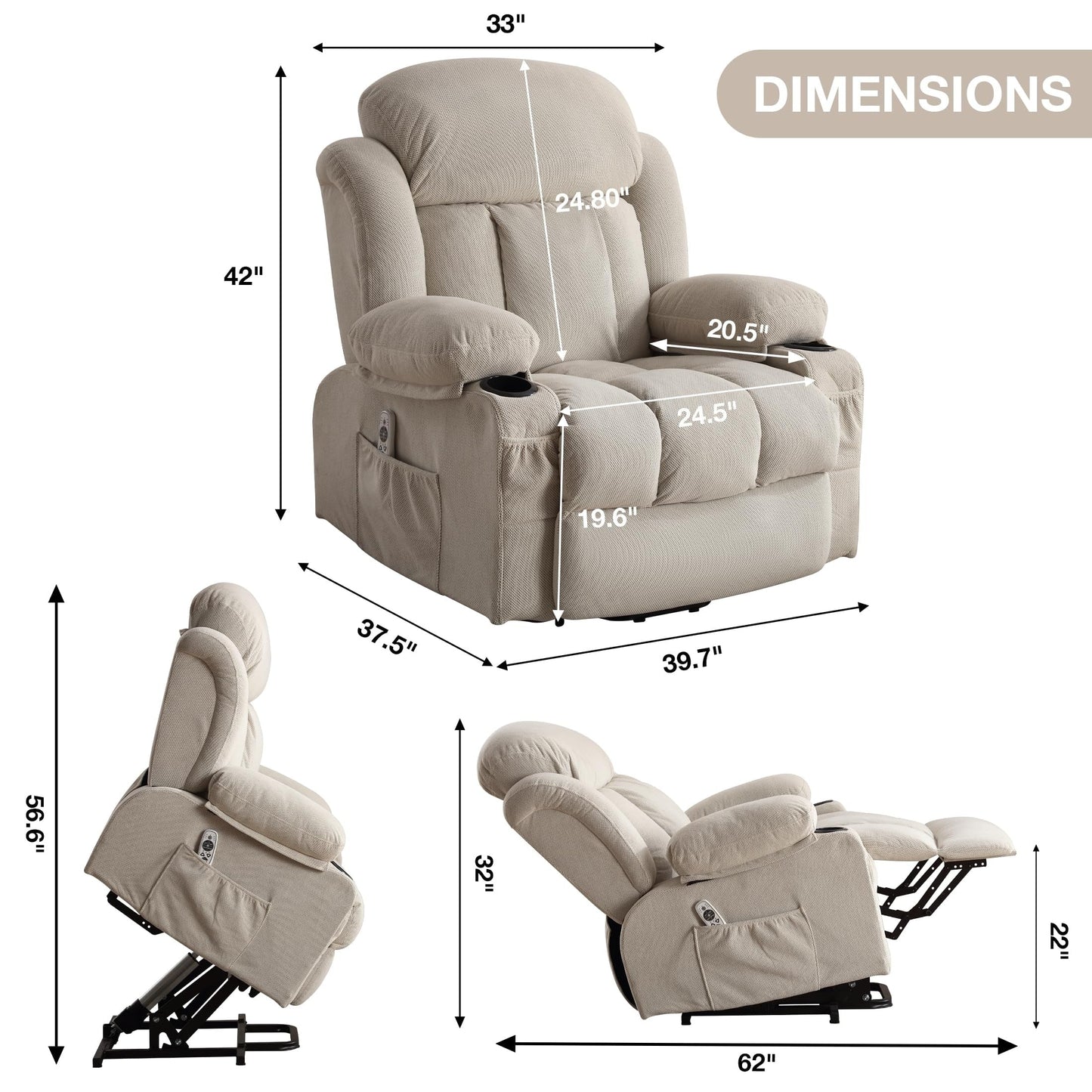 Power Lift Chairs Recliners, Heat  Massage, USB Port, Remote Control