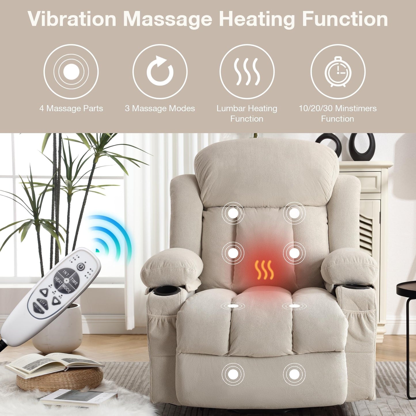 Power Lift Chairs Recliners, Heat  Massage, USB Port, Remote Control