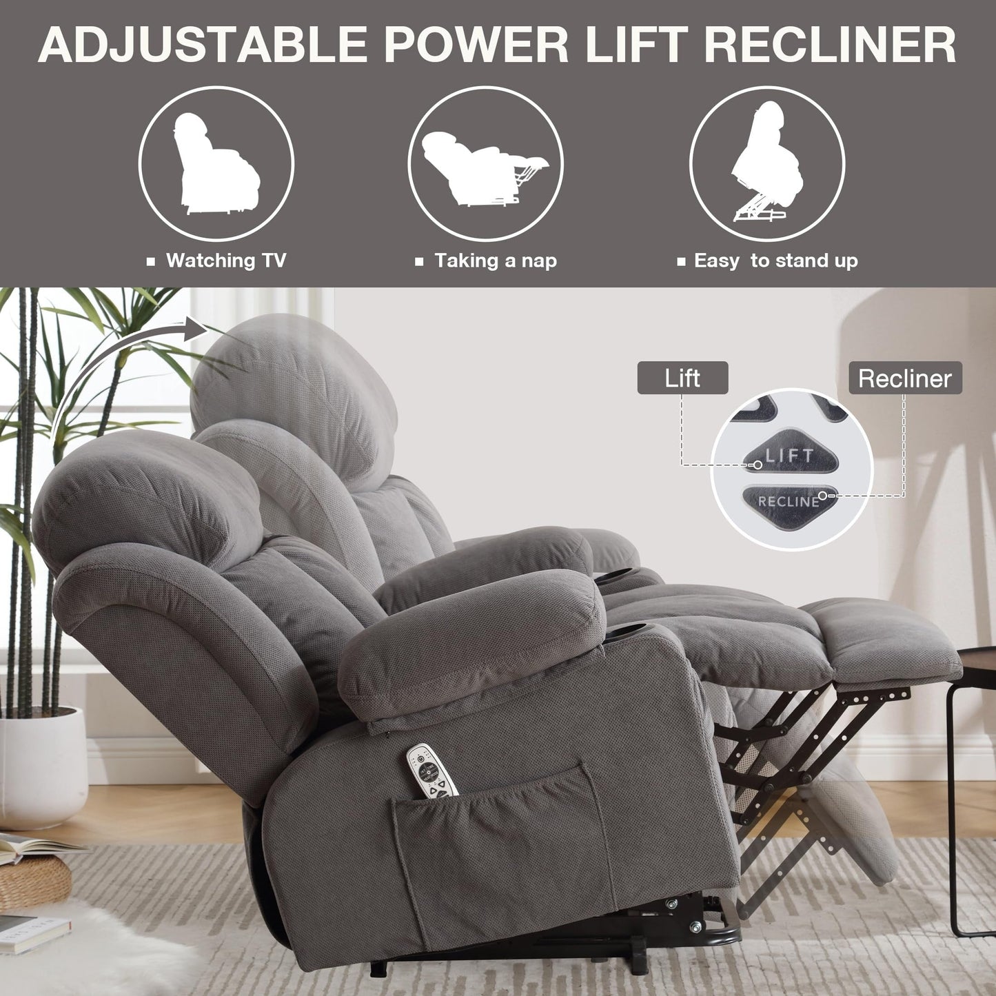 Power Lift Chairs Recliners, Heat  Massage, USB Port, Remote Control