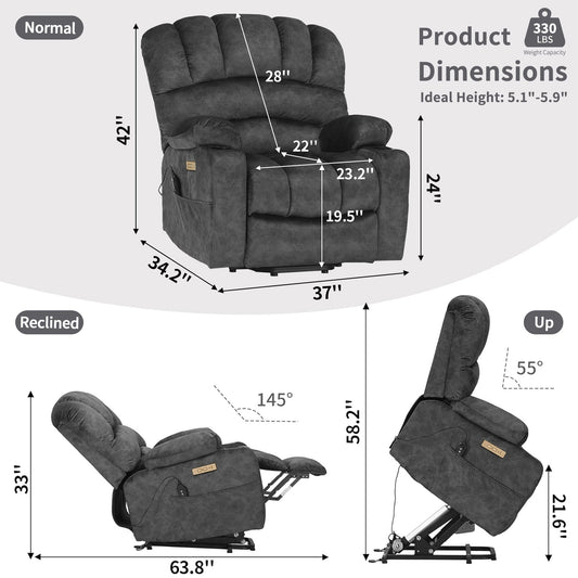 Power Lift Recliner Chair, Oversized Shell Backrest Reclining Chair with Massage  Heat for Elderly