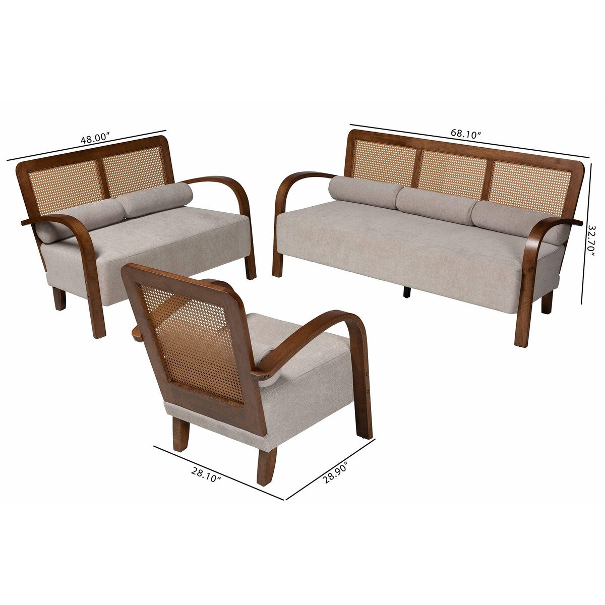 Sage Modern Japandi Light Grey Fabric and Walnut Brown Finished Wood Sofa with Woven Rattan