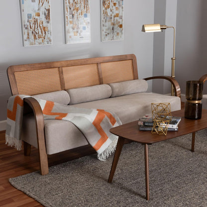 Sage Modern Japandi Light Grey Fabric and Walnut Brown Finished Wood Sofa with Woven Rattan