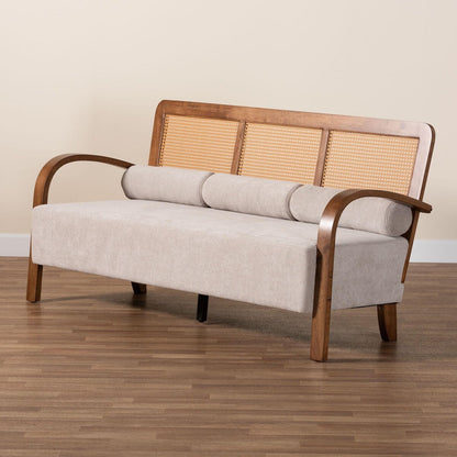 Sage Modern Japandi Light Grey Fabric and Walnut Brown Finished Wood Sofa with Woven Rattan