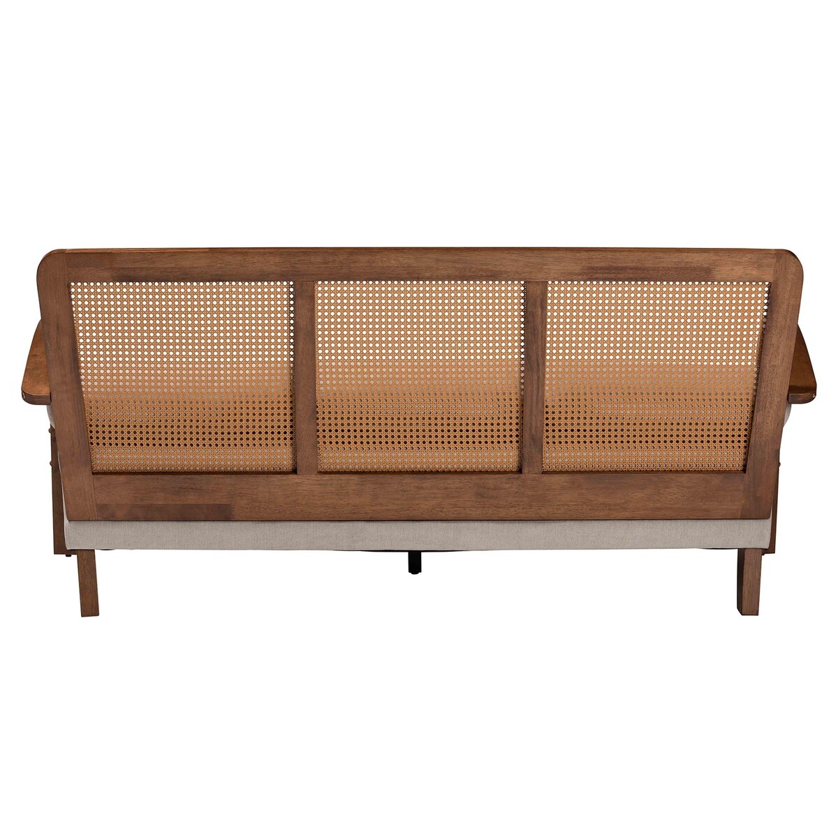 Sage Modern Japandi Light Grey Fabric and Walnut Brown Finished Wood Sofa with Woven Rattan