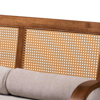 Sage Modern Japandi Light Grey Fabric and Walnut Brown Finished Wood Sofa with Woven Rattan