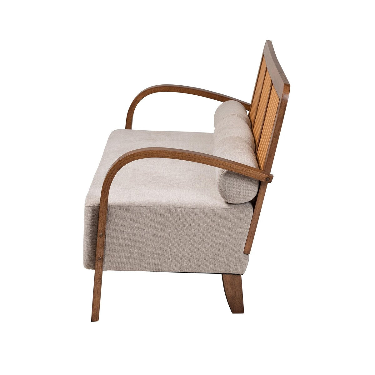 Sage Modern Japandi Light Grey Fabric and Walnut Brown Finished Wood Sofa with Woven Rattan