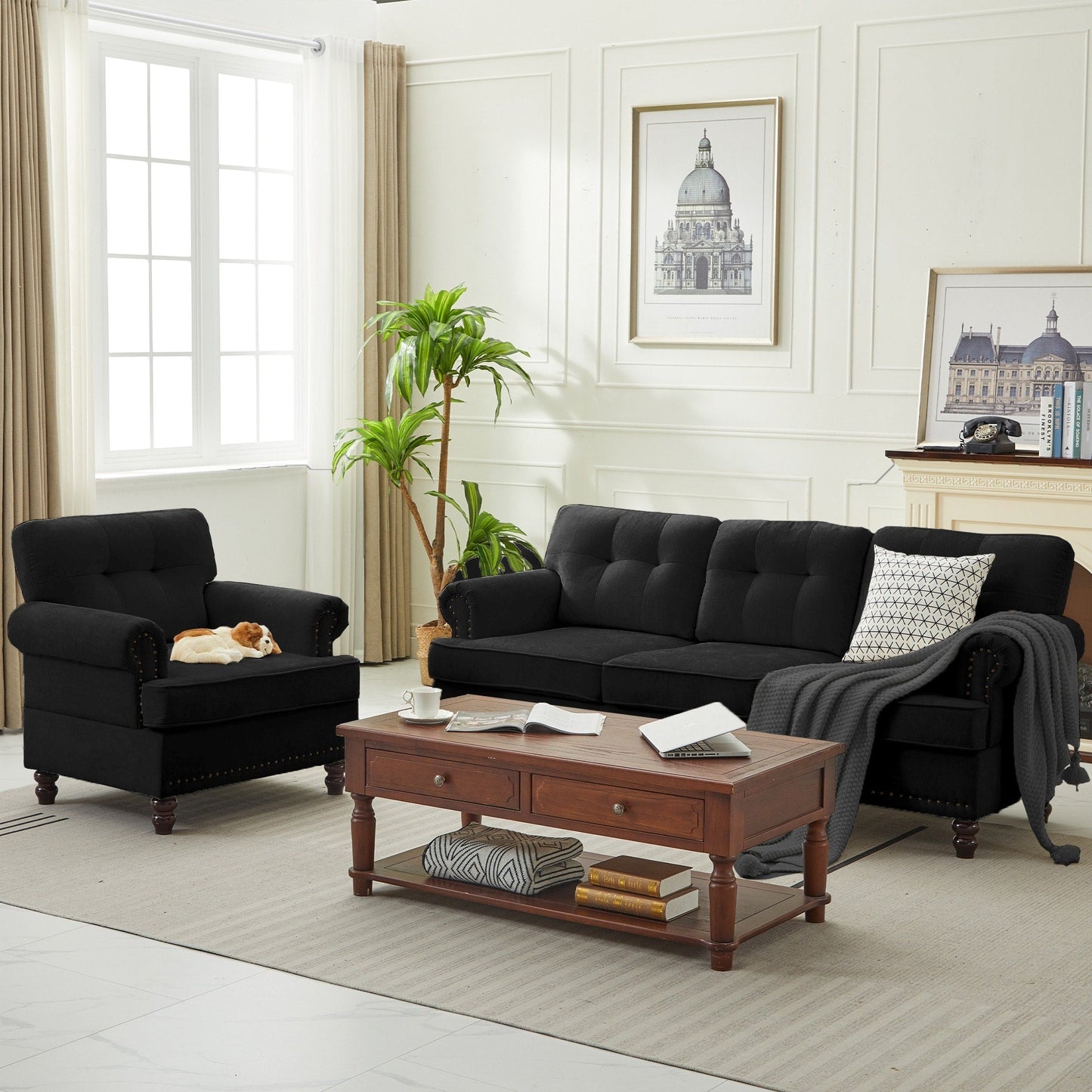 Set of 3 Chenille Sofa Set for Living Room, Button-Tufted & Nailhead Upholstery, Solid Rubberwood Legs