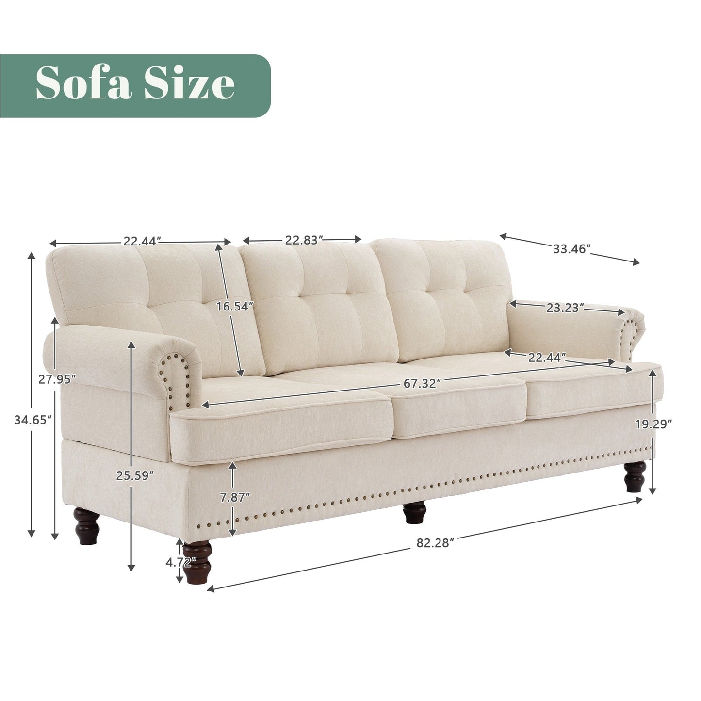 Set of 3 Chenille Sofa Set for Living Room, Button-Tufted & Nailhead Upholstery, Solid Rubberwood Legs