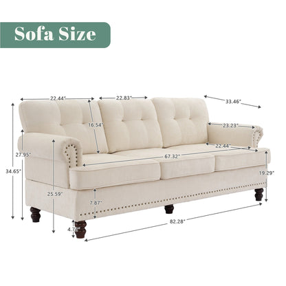 Set of 3 Chenille Sofa Set for Living Room, Button-Tufted & Nailhead Upholstery, Solid Rubberwood Legs