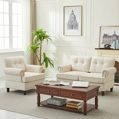 Set of 3 Chenille Sofa Set for Living Room, Button-Tufted & Nailhead Upholstery, Solid Rubberwood Legs
