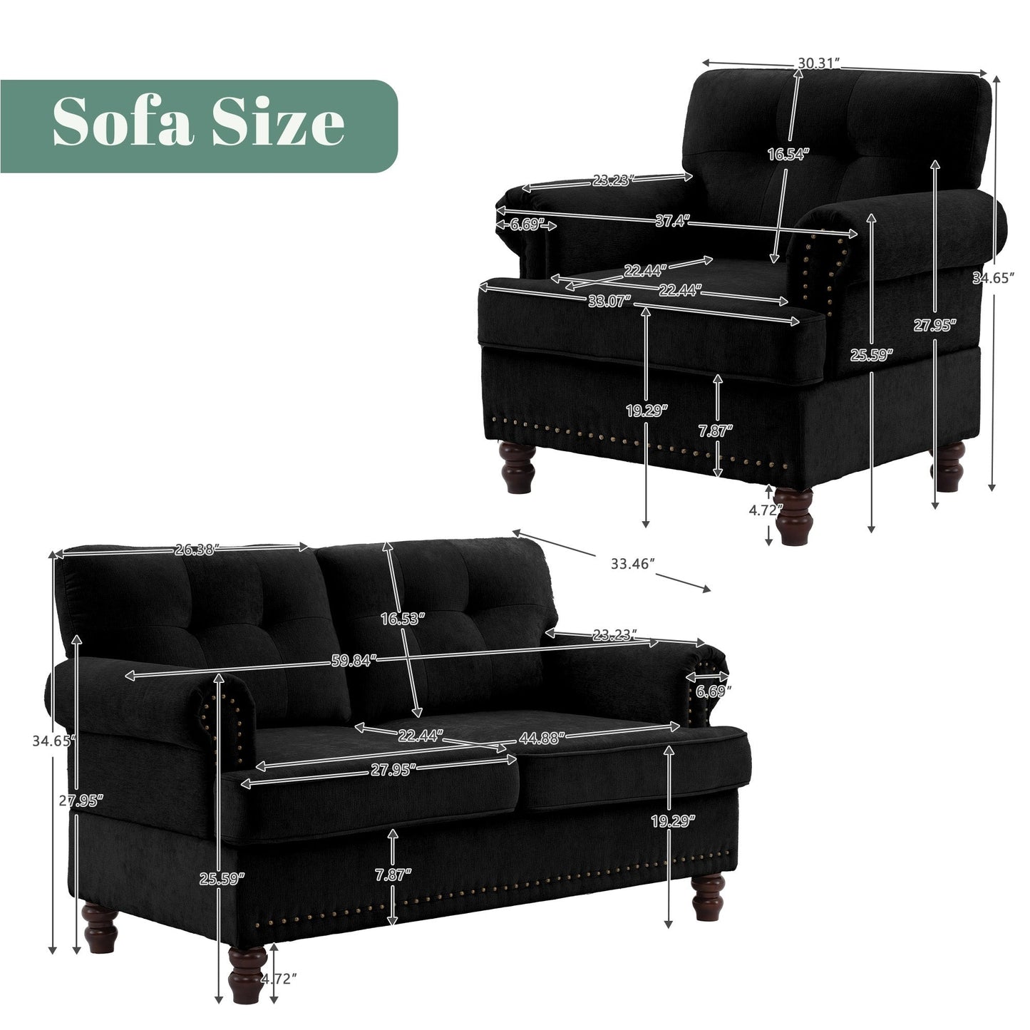 Set of 3 Chenille Sofa Set for Living Room, Button-Tufted & Nailhead Upholstery, Solid Rubberwood Legs