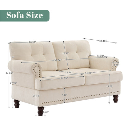 Set of 3 Chenille Sofa Set for Living Room, Button-Tufted & Nailhead Upholstery, Solid Rubberwood Legs