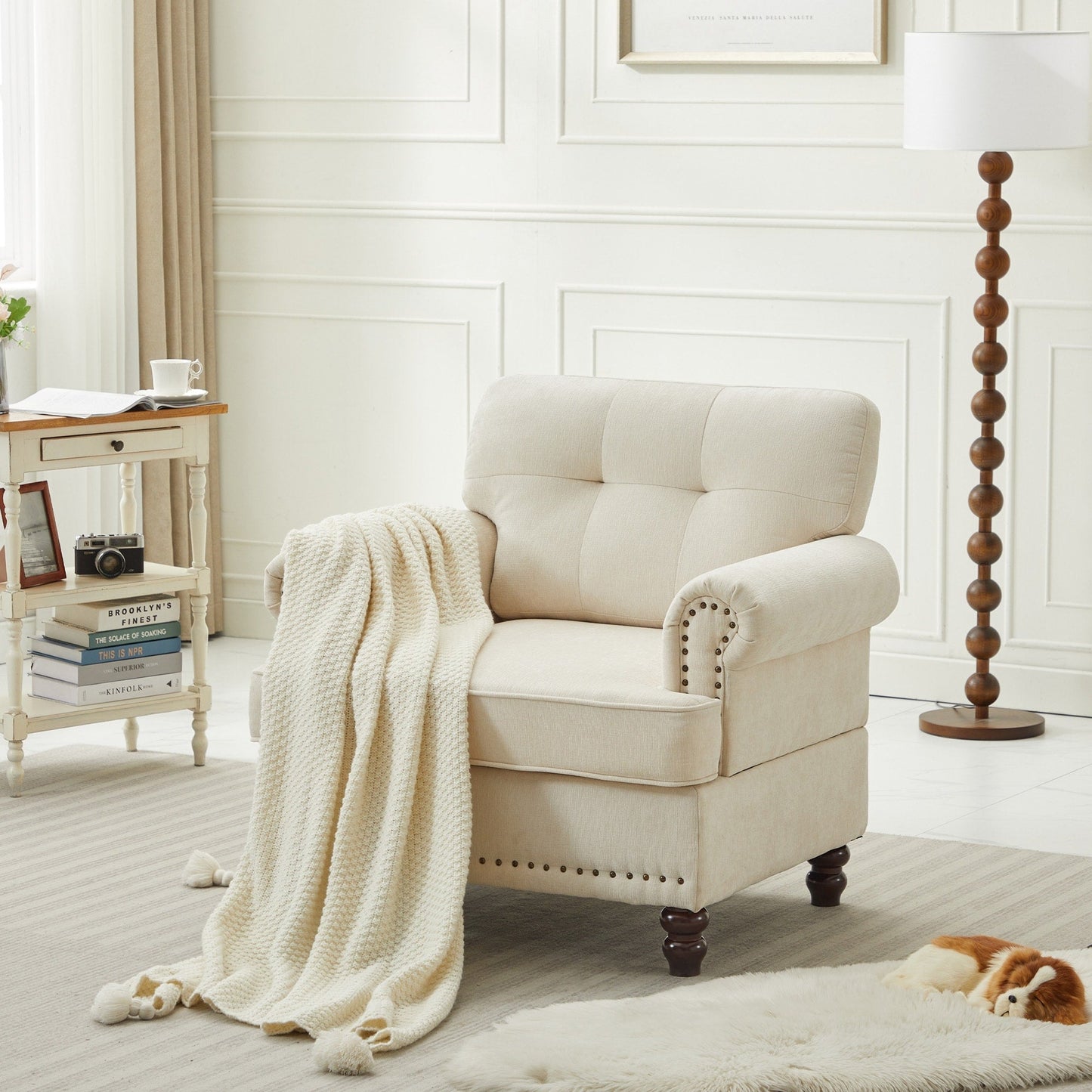 Set of 3 Chenille Sofa Set for Living Room, Button-Tufted & Nailhead Upholstery, Solid Rubberwood Legs