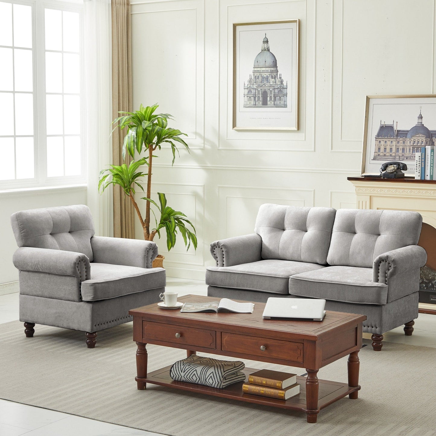 Set of 3 Chenille Sofa Set for Living Room, Button-Tufted & Nailhead Upholstery, Solid Rubberwood Legs