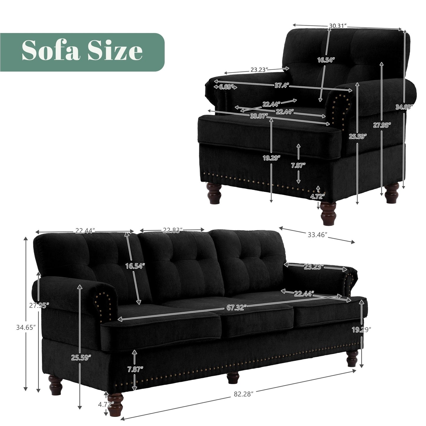 Set of 3 Chenille Sofa Set for Living Room, Button-Tufted & Nailhead Upholstery, Solid Rubberwood Legs