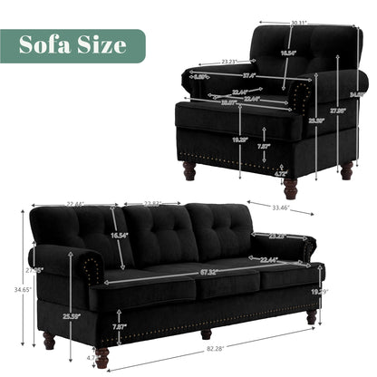 Set of 3 Chenille Sofa Set for Living Room, Button-Tufted & Nailhead Upholstery, Solid Rubberwood Legs