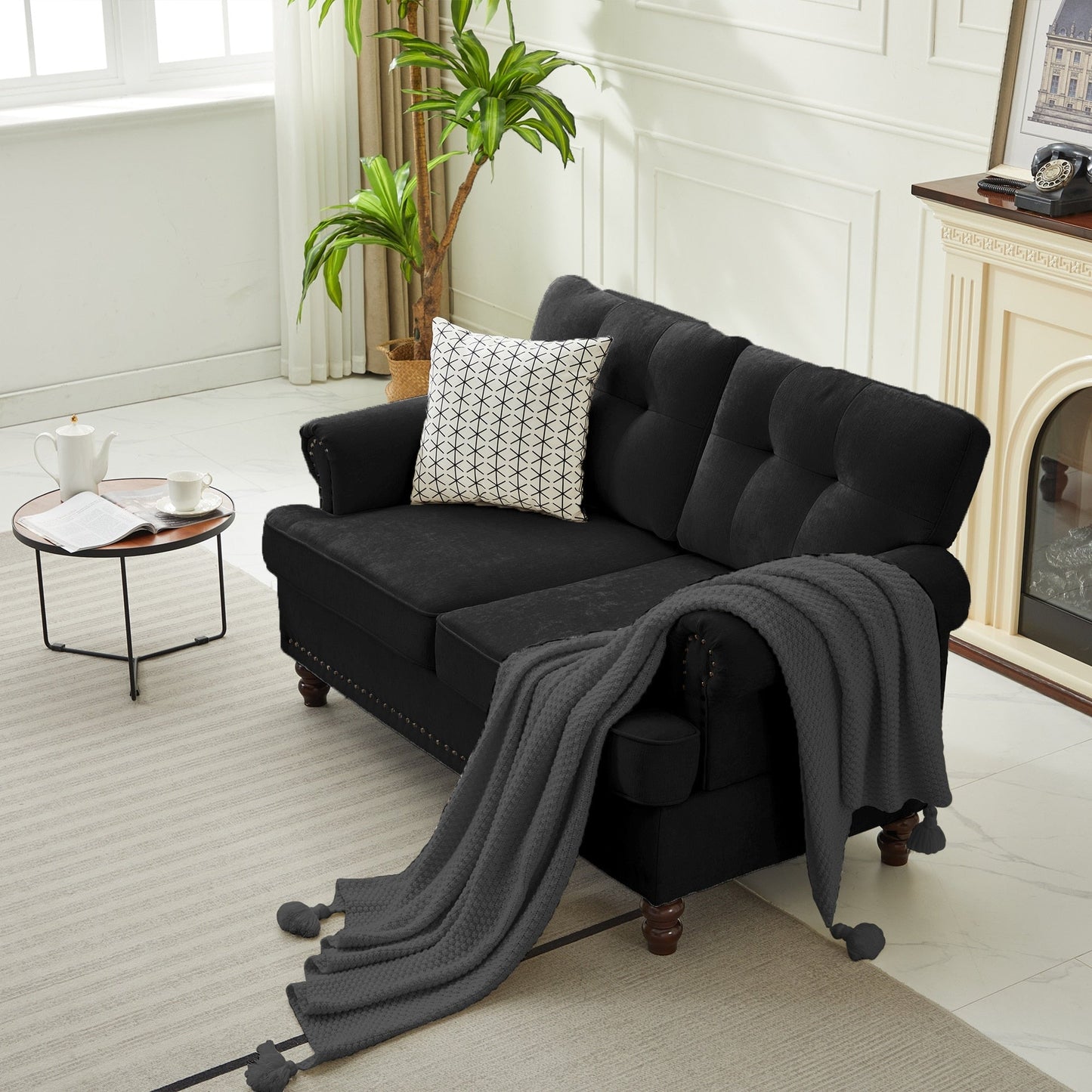 Set of 3 Chenille Sofa Set for Living Room, Button-Tufted & Nailhead Upholstery, Solid Rubberwood Legs