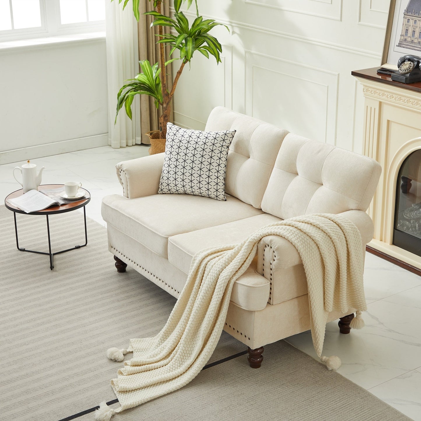 Set of 3 Chenille Sofa Set for Living Room, Button-Tufted & Nailhead Upholstery, Solid Rubberwood Legs
