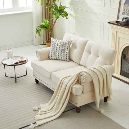 Set of 3 Chenille Sofa Set for Living Room, Button-Tufted & Nailhead Upholstery, Solid Rubberwood Legs