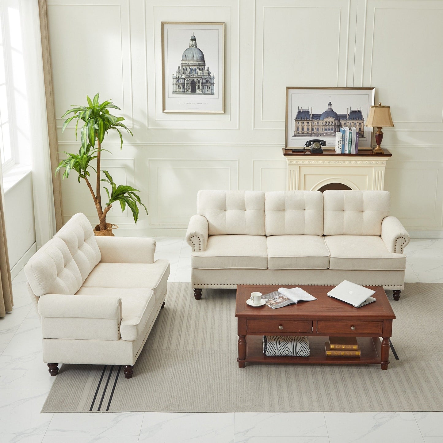 Set of 3 Chenille Sofa Set for Living Room, Button-Tufted & Nailhead Upholstery, Solid Rubberwood Legs