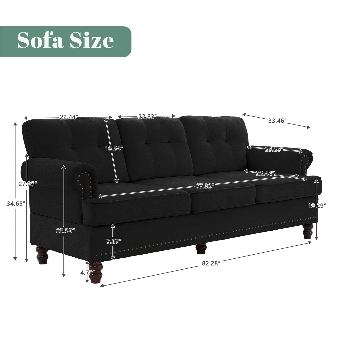 Set of 3 Chenille Sofa Set for Living Room, Button-Tufted & Nailhead Upholstery, Solid Rubberwood Legs
