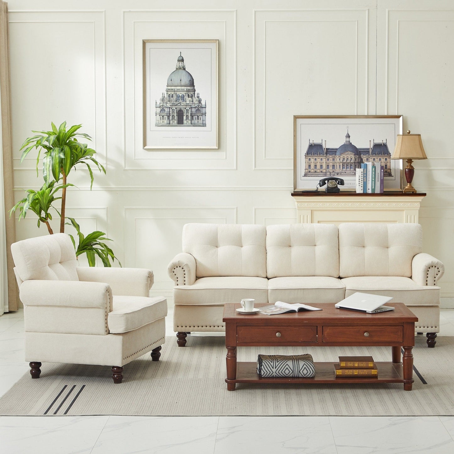 Set of 3 Chenille Sofa Set for Living Room, Button-Tufted & Nailhead Upholstery, Solid Rubberwood Legs