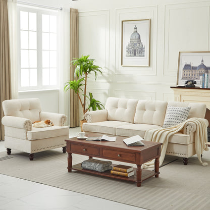 Set of 3 Chenille Sofa Set for Living Room, Button-Tufted & Nailhead Upholstery, Solid Rubberwood Legs