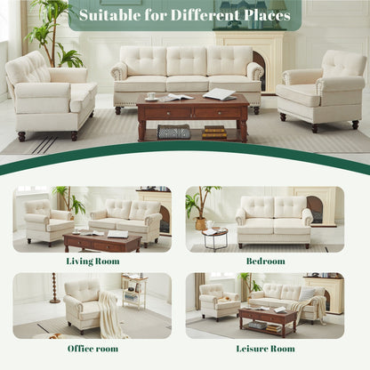 Set of 3 Chenille Sofa Set for Living Room, Button-Tufted & Nailhead Upholstery, Solid Rubberwood Legs