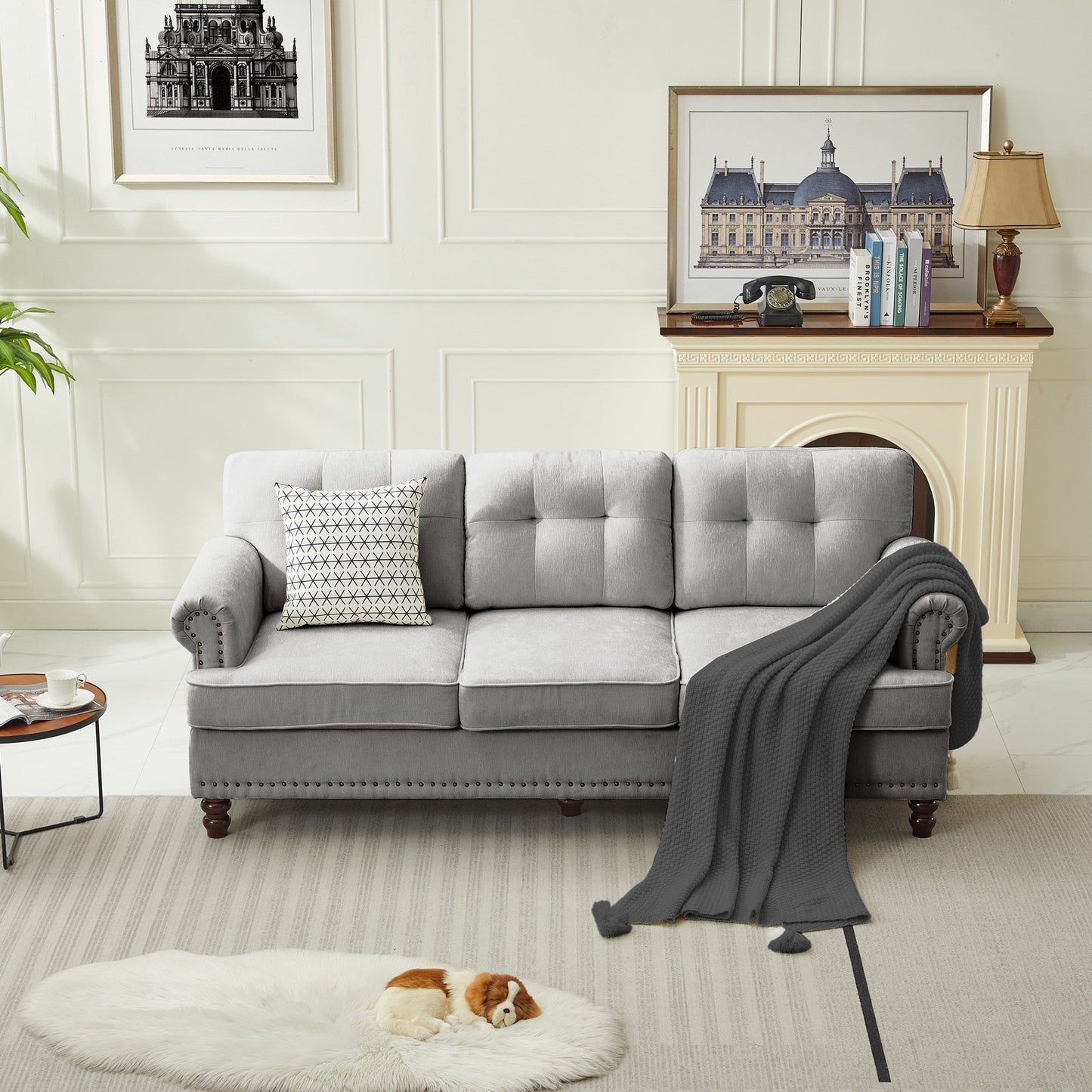 Set of 3 Chenille Sofa Set for Living Room, Button-Tufted & Nailhead Upholstery, Solid Rubberwood Legs