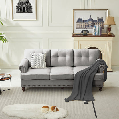 Set of 3 Chenille Sofa Set for Living Room, Button-Tufted & Nailhead Upholstery, Solid Rubberwood Legs