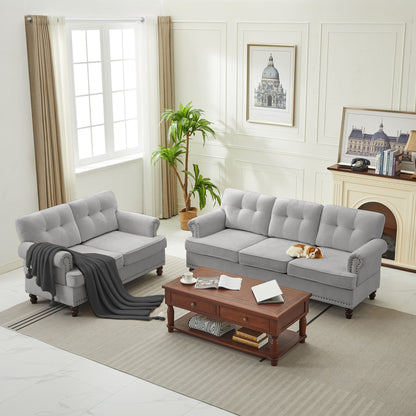 Set of 3 Chenille Sofa Set for Living Room, Button-Tufted & Nailhead Upholstery, Solid Rubberwood Legs