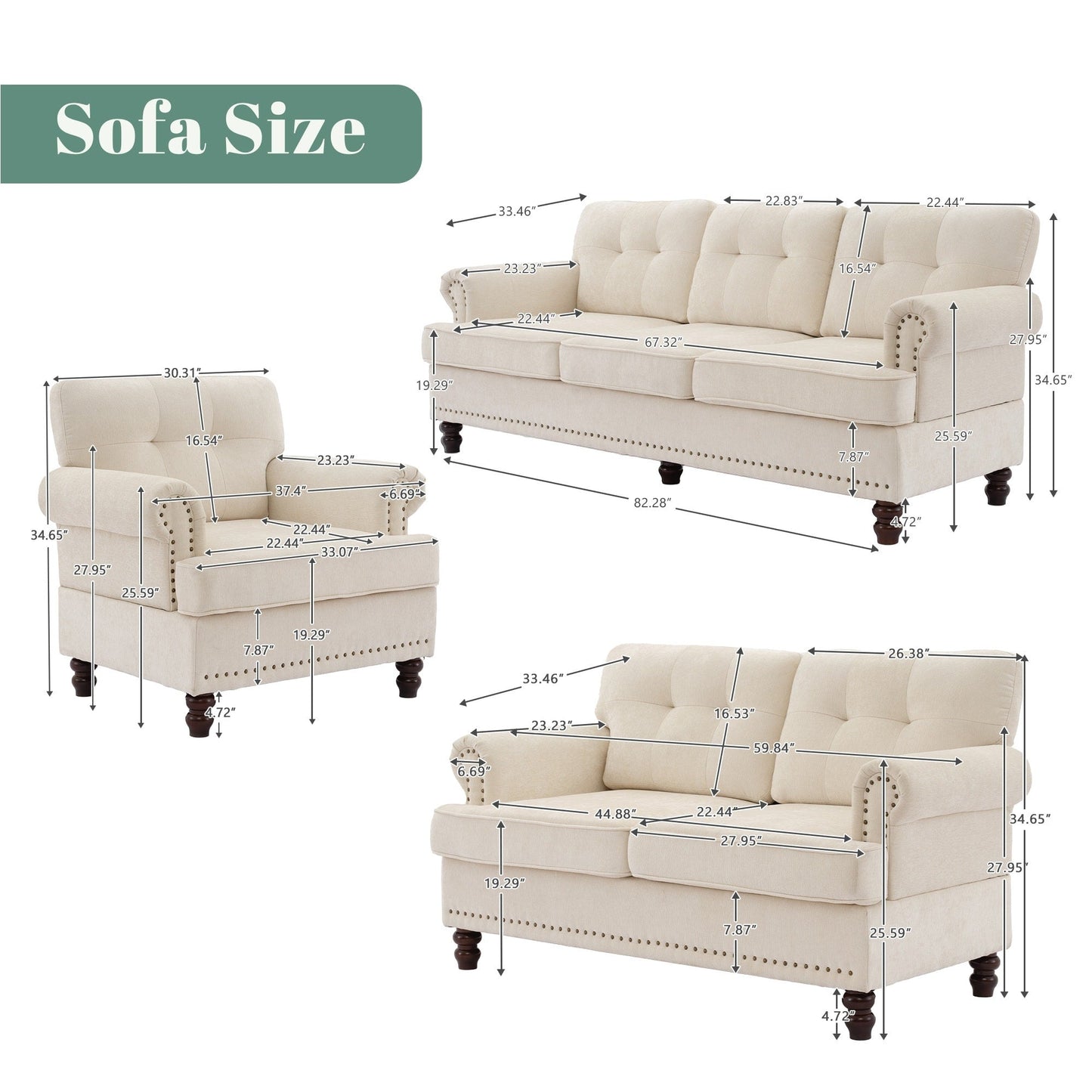 Set of 3 Chenille Sofa Set for Living Room, Button-Tufted & Nailhead Upholstery, Solid Rubberwood Legs