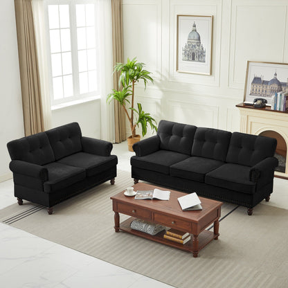 Set of 3 Chenille Sofa Set for Living Room, Button-Tufted & Nailhead Upholstery, Solid Rubberwood Legs