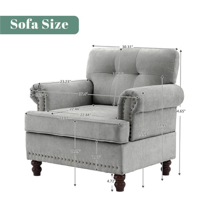 Set of 3 Chenille Sofa Set for Living Room, Button-Tufted & Nailhead Upholstery, Solid Rubberwood Legs