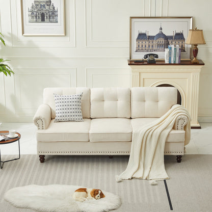 Set of 3 Chenille Sofa Set for Living Room, Button-Tufted & Nailhead Upholstery, Solid Rubberwood Legs