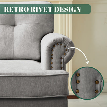 Set of 3 Chenille Sofa Set for Living Room, Button-Tufted & Nailhead Upholstery, Solid Rubberwood Legs