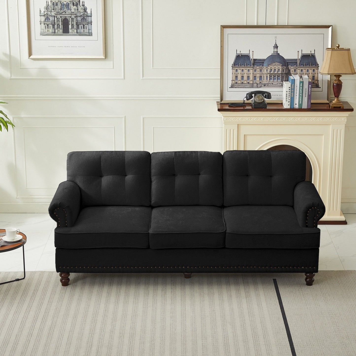 Set of 3 Chenille Sofa Set for Living Room, Button-Tufted & Nailhead Upholstery, Solid Rubberwood Legs