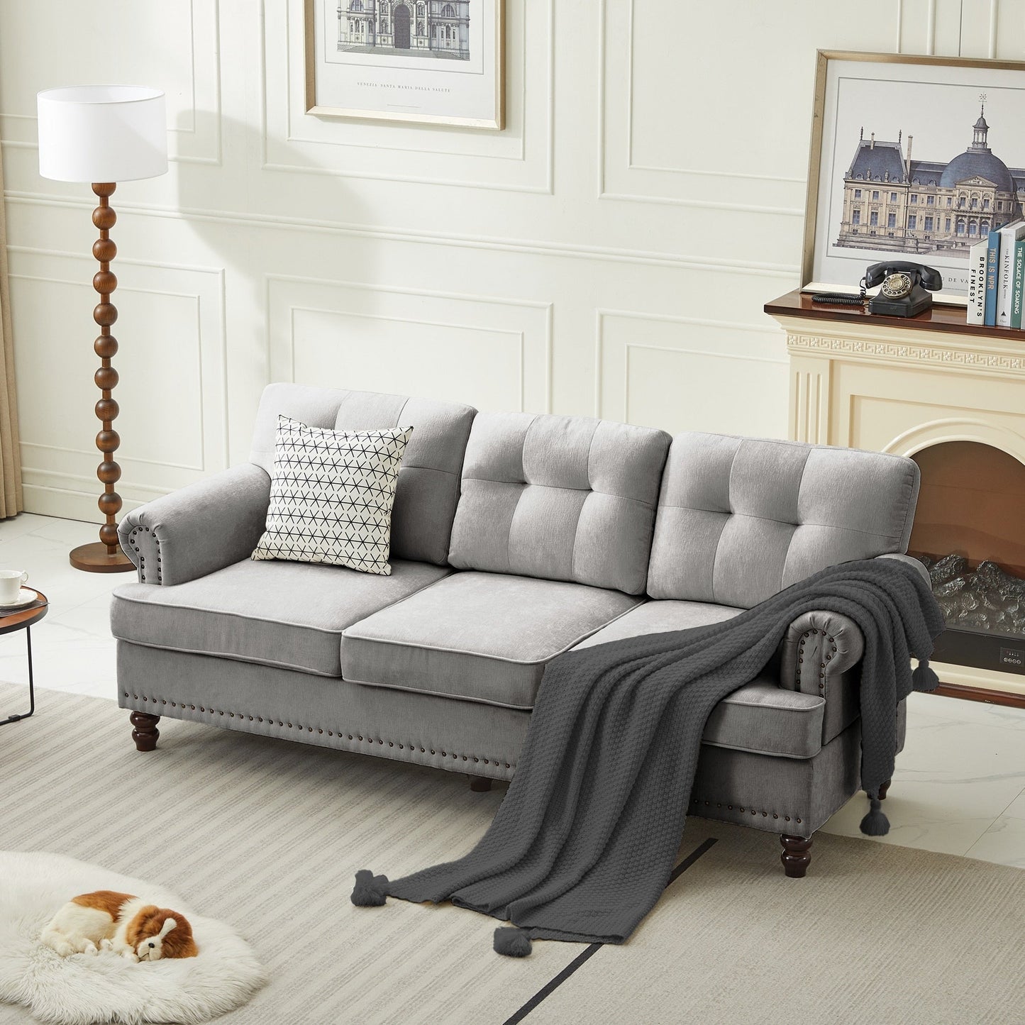 Set of 3 Chenille Sofa Set for Living Room, Button-Tufted & Nailhead Upholstery, Solid Rubberwood Legs