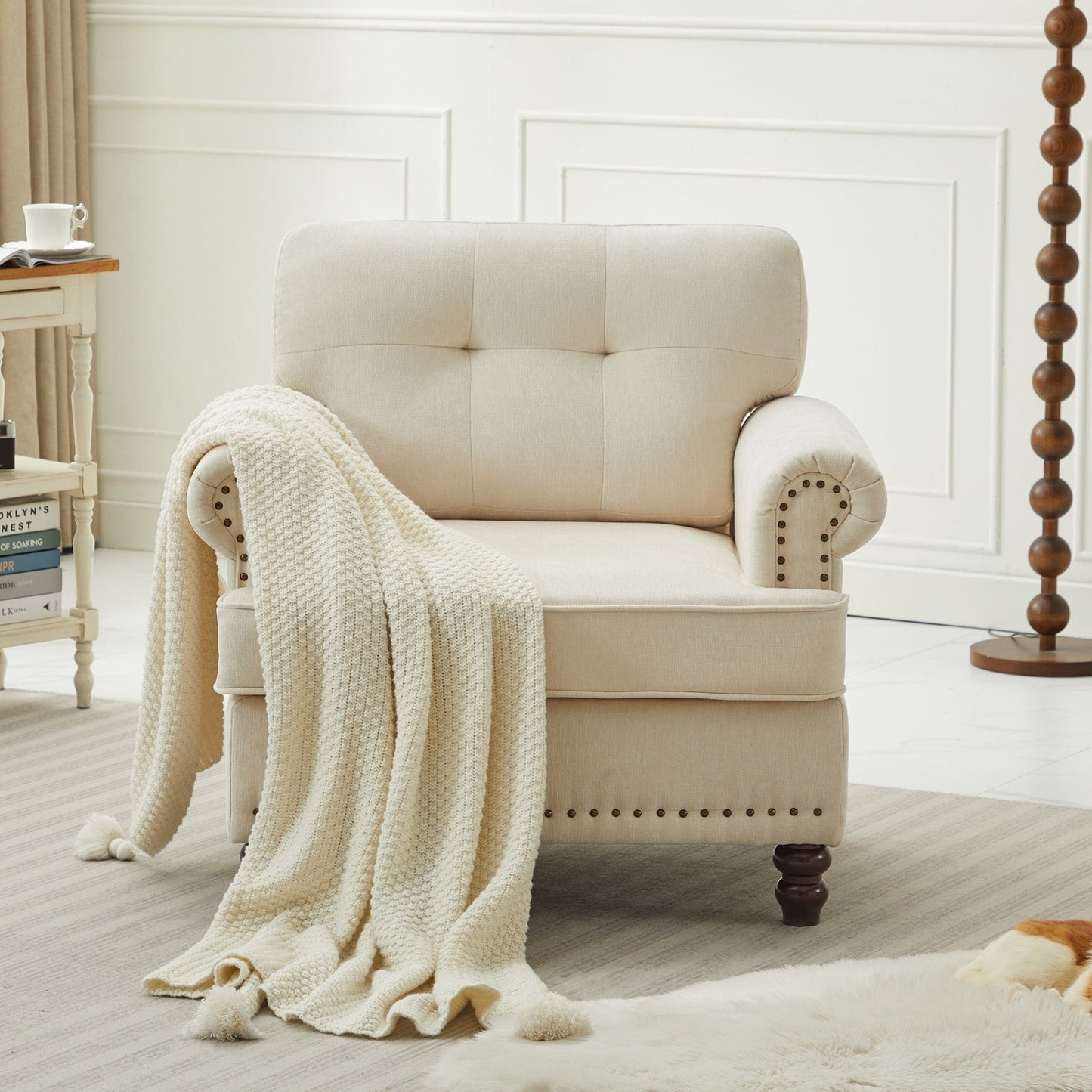 Set of 3 Chenille Sofa Set for Living Room, Button-Tufted & Nailhead Upholstery, Solid Rubberwood Legs