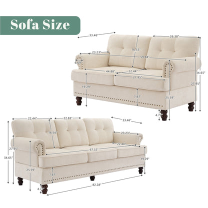 Set of 3 Chenille Sofa Set for Living Room, Button-Tufted & Nailhead Upholstery, Solid Rubberwood Legs