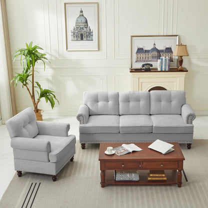 Set of 3 Chenille Sofa Set for Living Room, Button-Tufted & Nailhead Upholstery, Solid Rubberwood Legs