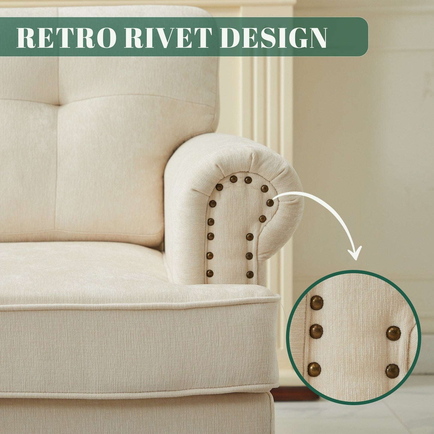 Set of 3 Chenille Sofa Set for Living Room, Button-Tufted & Nailhead Upholstery, Solid Rubberwood Legs