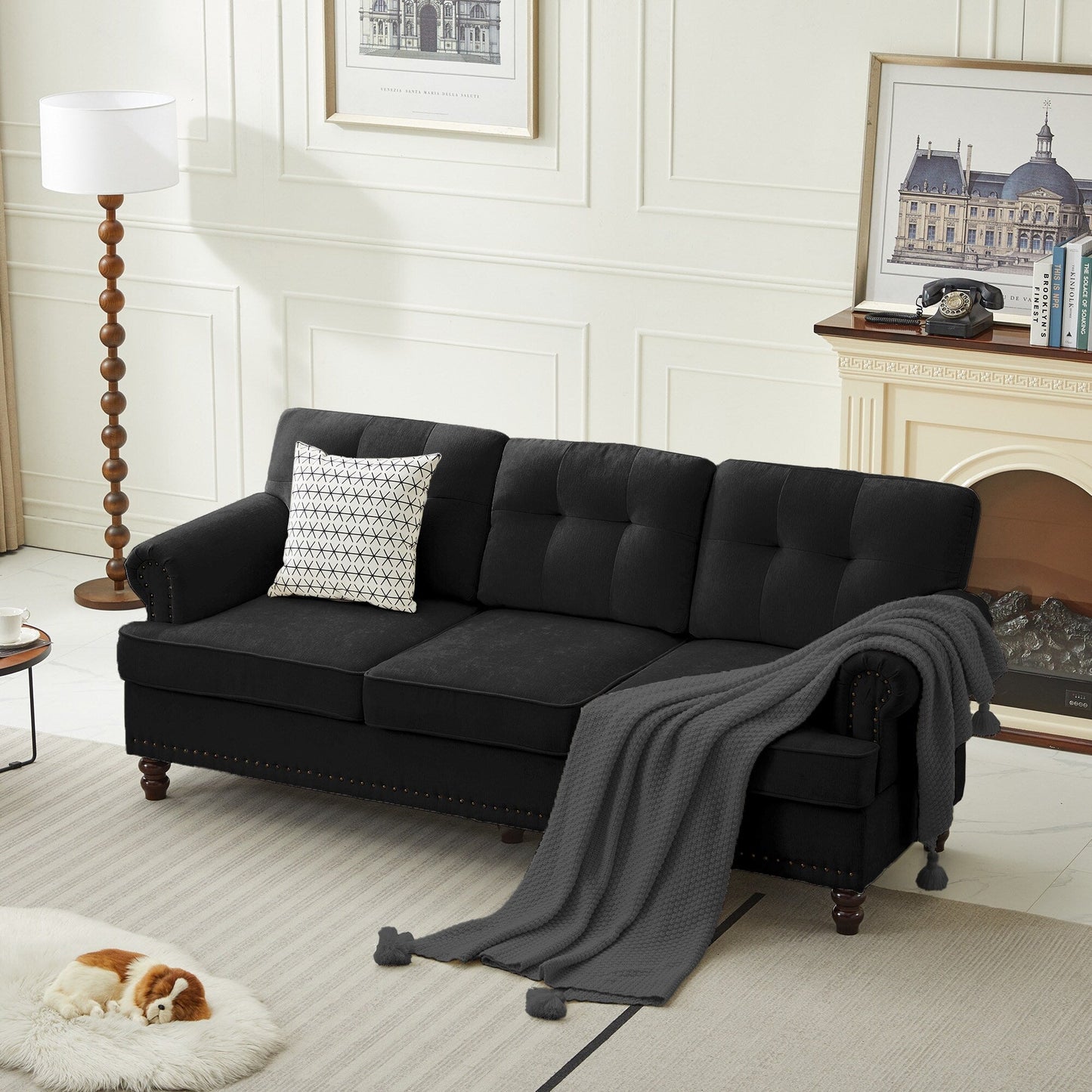 Set of 3 Chenille Sofa Set for Living Room, Button-Tufted & Nailhead Upholstery, Solid Rubberwood Legs