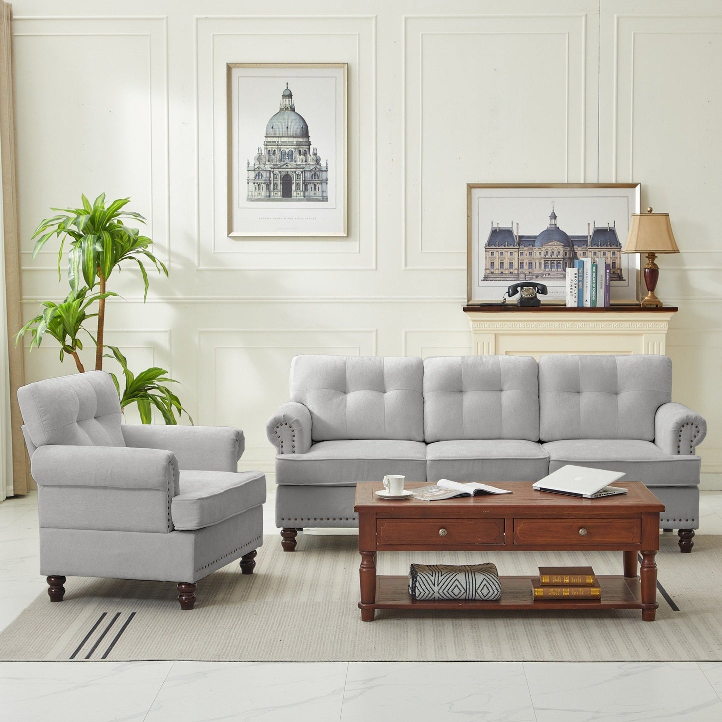 Set of 3 Chenille Sofa Set for Living Room, Button-Tufted & Nailhead Upholstery, Solid Rubberwood Legs