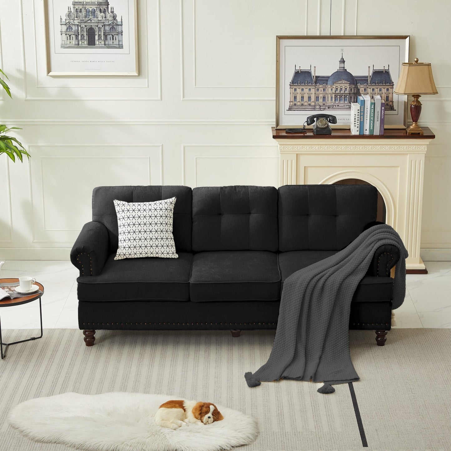 Set of 3 Chenille Sofa Set for Living Room, Button-Tufted & Nailhead Upholstery, Solid Rubberwood Legs