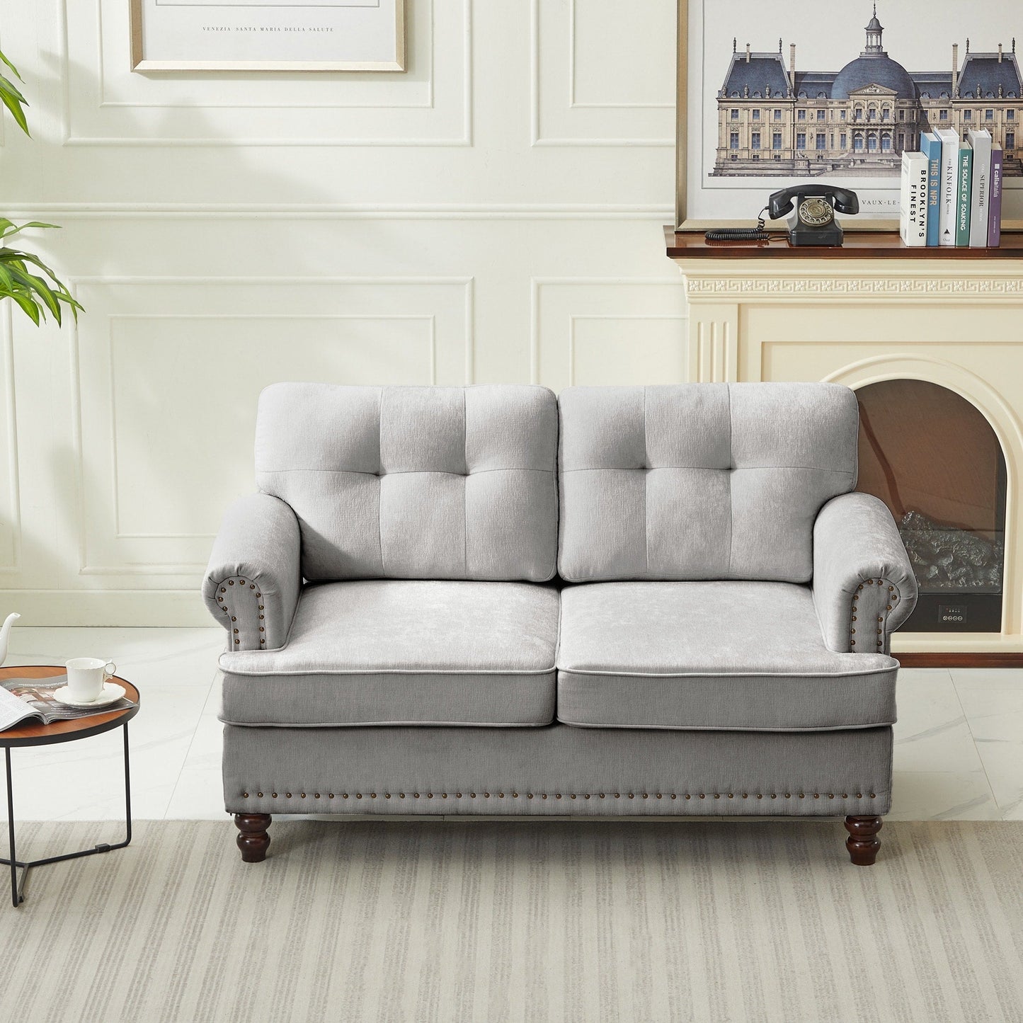 Set of 3 Chenille Sofa Set for Living Room, Button-Tufted & Nailhead Upholstery, Solid Rubberwood Legs